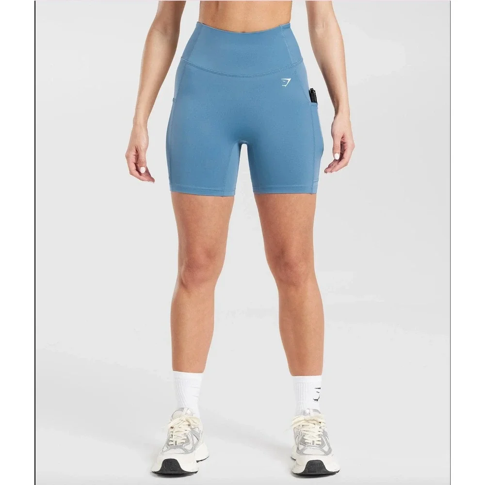 Gymshark Pocket Shorts High Waist Side Pockets Denim Blue‎ Size S GymCore